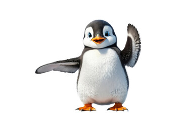 Single happy penguin waving, full body, isolated, white background, stock photography, high quality, smiling expression, positioned center frame, sharp focus, soft shadow beneath, ultra clear