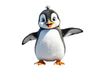 Single happy penguin waving, full body, isolated, white background, stock photography, high quality, smiling expression, positioned center frame, sharp focus, soft shadow beneath, ultra clear