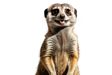 Smiling meerkat, full-body portrait, isolated on white background, conveying joyfulness with eyes and mouth, crisp texture of fur detail, stock photo quality, showcasing natural meerkat stance