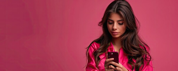 Woman using smartphone against red pink background.