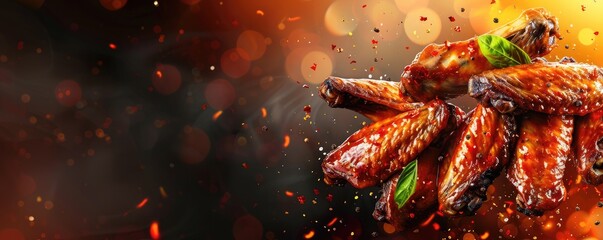 glazed barbecue wings with flames and embers, perfect for food-related content