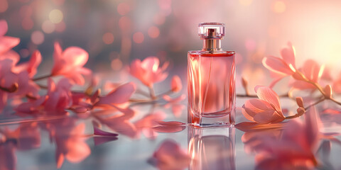 Obraz na płótnie Canvas Elegant Perfume Bottle Amidst Scattered Petals in Radiant Sunset Hue, banner with copy space