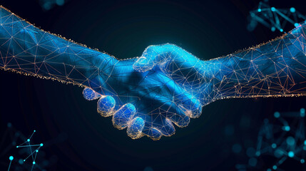 Conceptual image of handshake. Polygonal low poly wireframe image of human hands.
