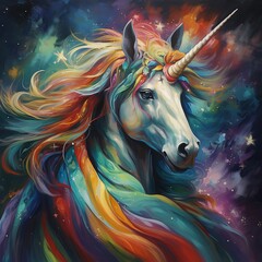Obraz na płótnie Canvas Stellar unicorn against a backdrop of starry space, adorned with a shimmering Pride flag cape, embodying universal love and acceptance