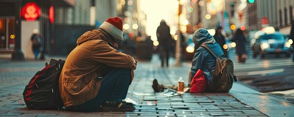 homeless in solitude, seated on the sidewalk, amidst an urban backdrop - obrazy, fototapety, plakaty