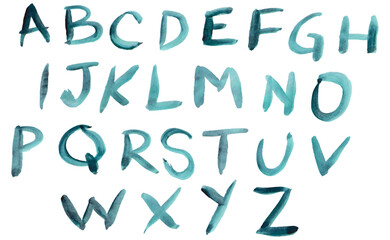 Complete alphabet, hand-drawn with a brush. Watercolor freehand typography, isolated on a white background. Brush texture, drawn with green, turquoise paint, Letters in vector. Complete font types
