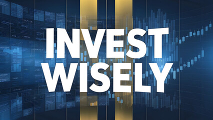  bold, white text stating “INVEST WISELY” against a backdrop of fluctuating financial graphs in blue and gold hues, symbolizing the ups and downs of the stock market