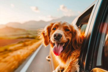 Joyful Golden Retriever Enjoys a Sunset Car Ride. This heartwarming image captures the pure bliss of a dog on an adventurous road trip - obrazy, fototapety, plakaty