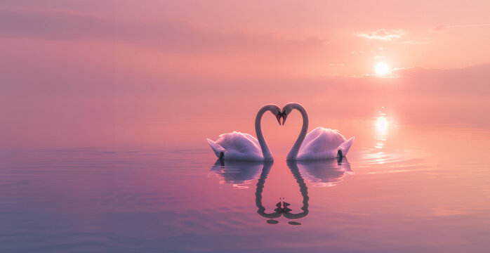 Two Swans Forming a Heart Shape on a Tranquil Pink Lake at Sunset. A symbol of love and peace in a serene, dreamlike setting