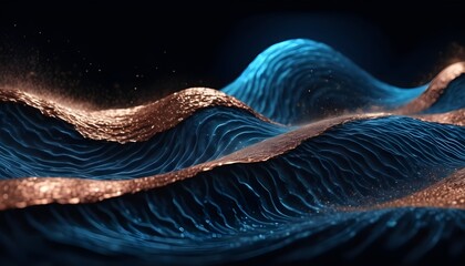 Blue and copper dust waves on dark background, abstract wallpaper card