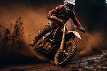 Fototapeta na wymiar Muddy Motocross crossing dirty road. Extreme cross. Generate Ai