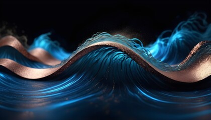 Blue and copper dust waves on dark background, abstract wallpaper card