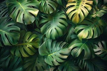 Decorative tropical leaves background modern. Watercolor art texture of palm leaves, jungle leaves, monstera leaves, exotic botanical floral pattern.