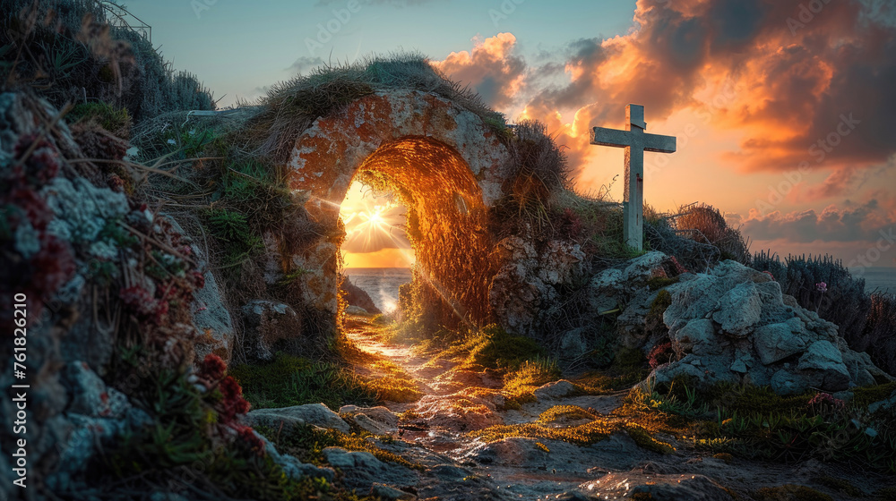 Wall mural empty tomb of jesus. christian easter background, generative ai