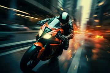Exhilarating Motorcycle speeding city street. Sport travel. Generate Ai
