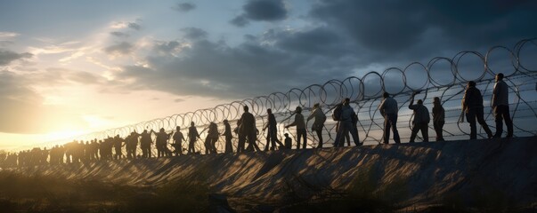 group of refugees behind a barbed wire fence during sunset, signaling the loss of freedom and hope - obrazy, fototapety, plakaty