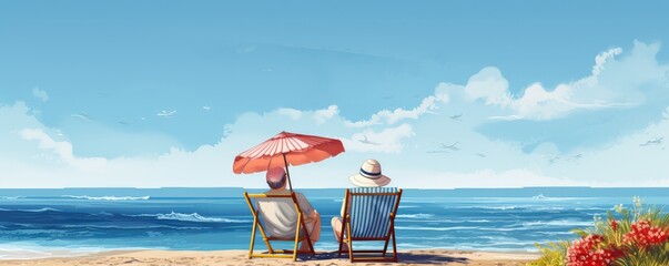 Two seniors enjoying a peaceful moment on a sandy beach with a clear view of the ocean, representing relaxation and companionship - obrazy, fototapety, plakaty