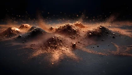 Gardinen Copper dust scrubs and waves on black polished background with reflections, abstract wallpaper © Lied