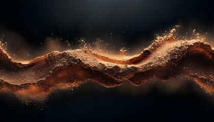 Copper dust scrubs and waves on black polished background with reflections, abstract wallpaper - obrazy, fototapety, plakaty