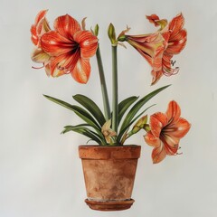 Amaryllis Flower Botanical Illustration, Hippeastrum Pot Flowers Realistic Painting, Amaryllis Botanical