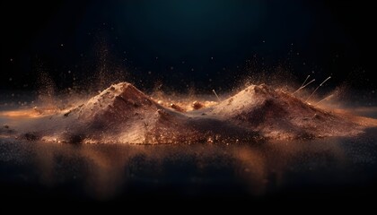Copper dust scrubs and waves on black polished background with reflections, abstract wallpaper