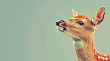 Portrait of a young deer on a green background with copy space