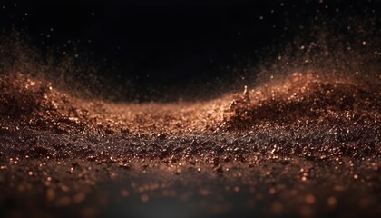 Fototapeta na wymiar Copper dust scrubs and waves on black polished background with reflections, abstract wallpaper