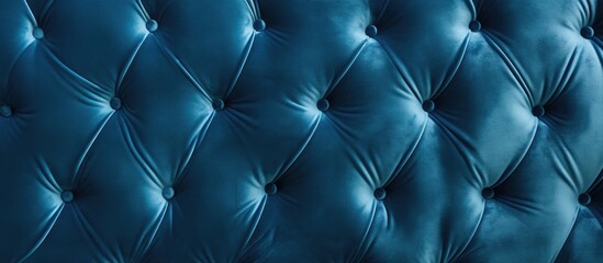 A closeup of an electric blue tufted leather headboard resembling the patterns of a sky or water, with a symmetry that mimics clouds or petals