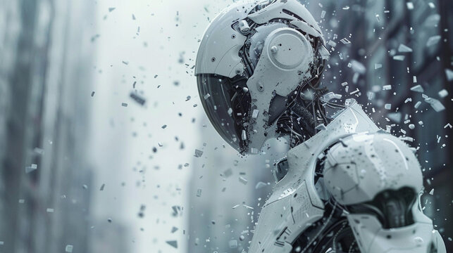  humanoid robot with white helmet and broken glass 
