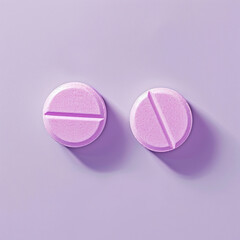 Two pink pills on violet background. Flat lay, top view.
