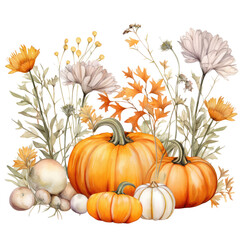 flowers bouquet and autumn leaves and pumpkin