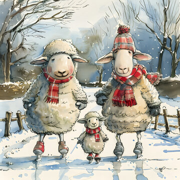 Three sheep, dressed in scarves and hats, are gliding gracefully on ice skates in the freezing winter snow. The scene is a joyful event of recreation and art, as they skate freely among the trees