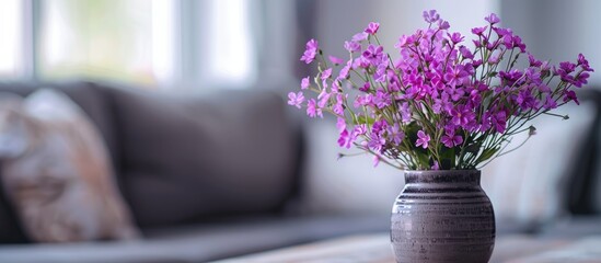 Selective focus on artificial purple flower in vase for interior design