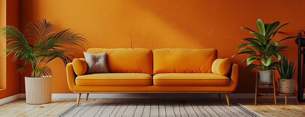 Orange living room with yellow sofa and plants - 3d rendering illustration

