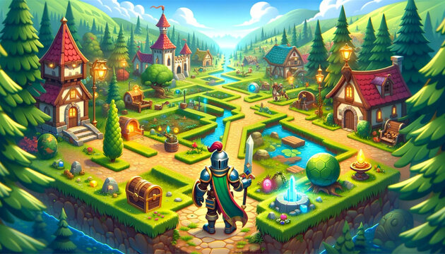 knight quest adventure in vibrant, enchanted game fantasy village