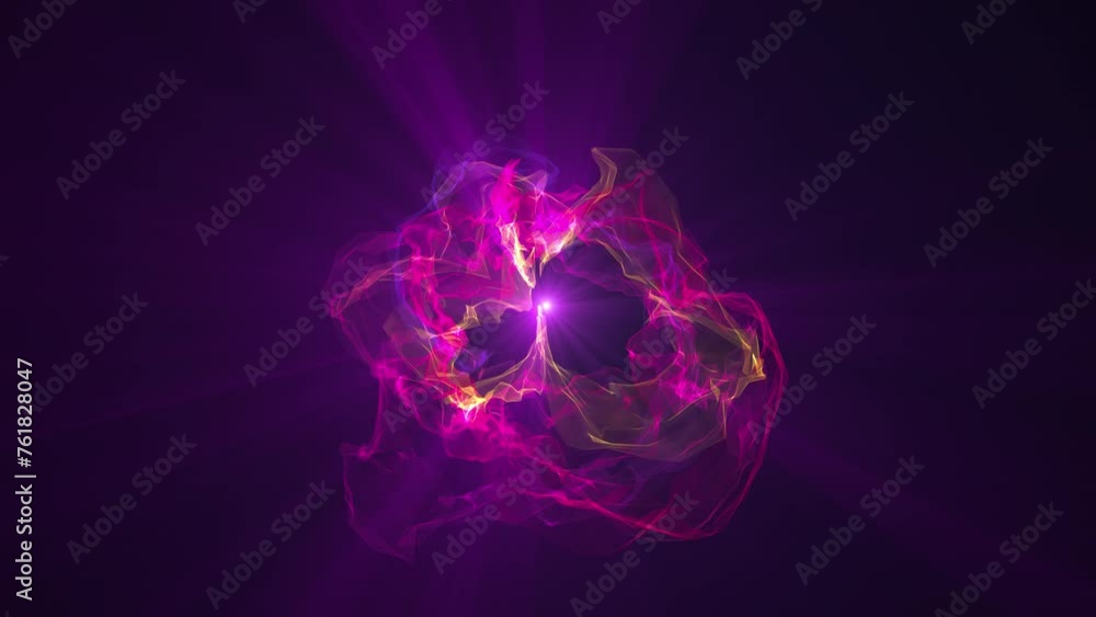 Wall mural abstract glowing looped light hi-tech energy violet golden sphere atom blob of energy from lines and