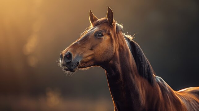 Portrait of a beautiful bay horse at sunset. Beautiful pet.