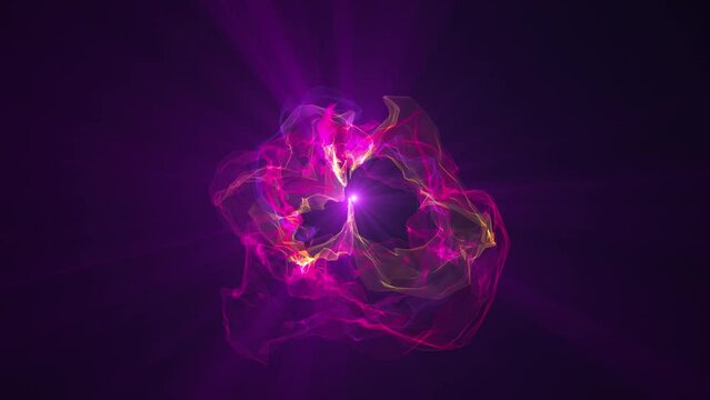 Abstract glowing looped light hi-tech energy violet golden sphere atom blob of energy from lines and particles futuristic, abstract background 4K looped