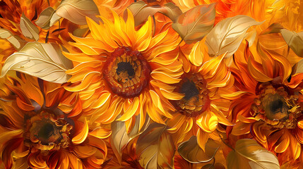 Radiant Sunflower Artistry: A Modern Oil Painting Masterpiece with Luminous Golden Texture and...