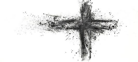 Cross silhouette created with ash scatter. Isolated on white backdrop. Banner with copy space. Concept of faith, religious, Easter celebration, ash Wednesday, cremation, funeral, liturgy.