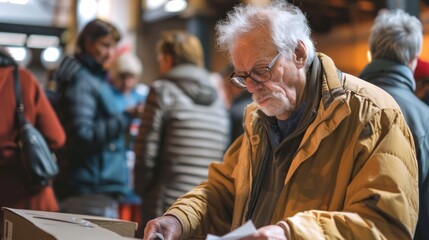 Obraz premium Senior Caucasian man reviewing ballot at elections. Elderly male voter at a polling station. Concept of elections, informed voting, active senior citizenship, civic duty, electoral participation.