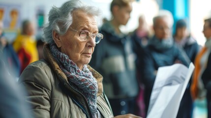 Senior Caucasian woman reviewing ballot at elections. Elderly female voter at a polling station. Concept of elections, informed voting, active senior citizenship, civic duty, electoral participation. - obrazy, fototapety, plakaty