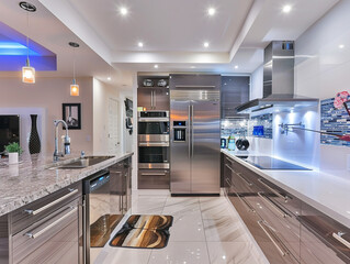 Sleek stainless steel cabinets in a modern kitchen with silver appliances and gray countertops.