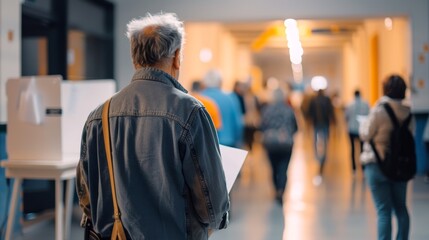 Fototapeta premium Senior man with ballot at election venue. Elderly voter engaging in the democratic process. Concept of elections, civic duty, aged wisdom, and electoral participation. Copy space