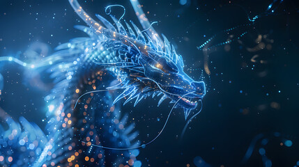 Illuminating AI: An Abstract Depiction of Artificial Intelligence through the Spectacle of a Flying Dragon over Dark Blue Skies, Symbolizing Neural Networks and Big Data
