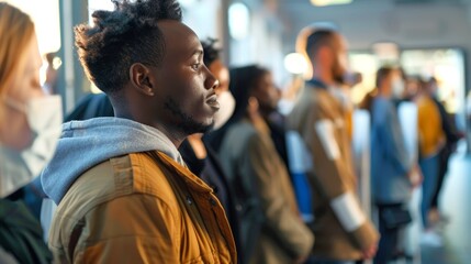 Side profile of a young African American man in a public space with people in the background. Urban lifestyle and diversity concept with copy space. Black male is staying in line. - obrazy, fototapety, plakaty