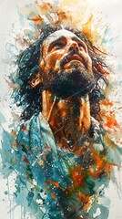 Watercolor art of praying Jesus Christ. Man with long hair and beard. Savior. Concept of faith, spirituality, Easter, divinity, Christian beliefs, resurrection, religious. Artwork. Vertical