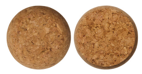 Brown bottle cap made from cork tree bark on isolated background, top view