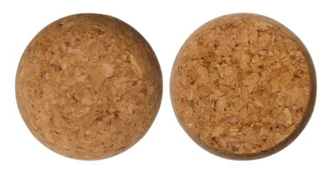 Brown bottle cap made from cork tree bark on isolated background, top view