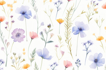 Blooming pink and purple flowers with green leaves on a seamless white background. Perfect for spring or summer designs